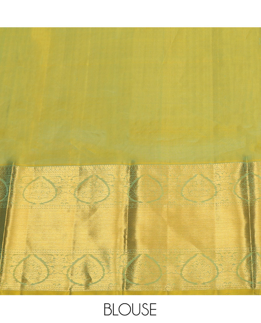 Blue Pure Silk Half-Saree, Detailed with Zari Buttas All Over Its Skirt, Complemented by Contrast Traditional Zari Design Border, Paired with a Contrast Blouse, and Comes with a Jaal Design Dhavani