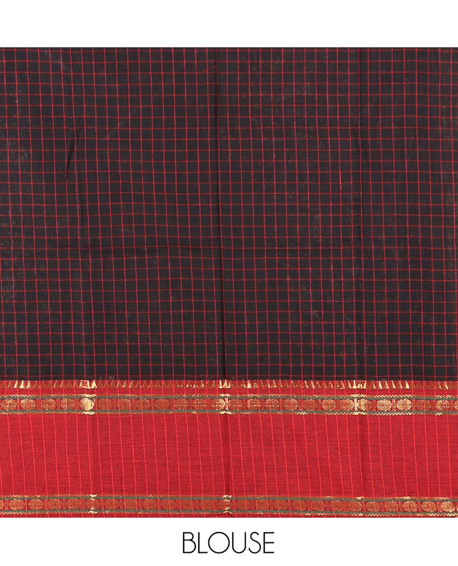 Black-Red Mercerised Cotton Saree Features a Checked Skirt, Contrast Temple-Rudraksham Rettai Pettu Border, a Matching Blouse, and Contrast Vichitra Silk Dhavani