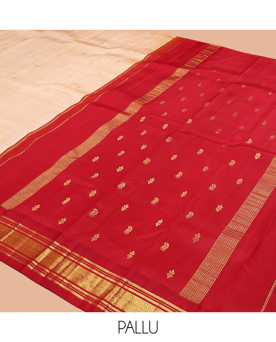 Sandal Kanchipuram Silk Saree, Adorned with Zari Buttas, a Contrast Korvai One-Sided Border of Banaras, Muthu, and Mayil Kann Design, Zari Design Pallu, and No Blouse