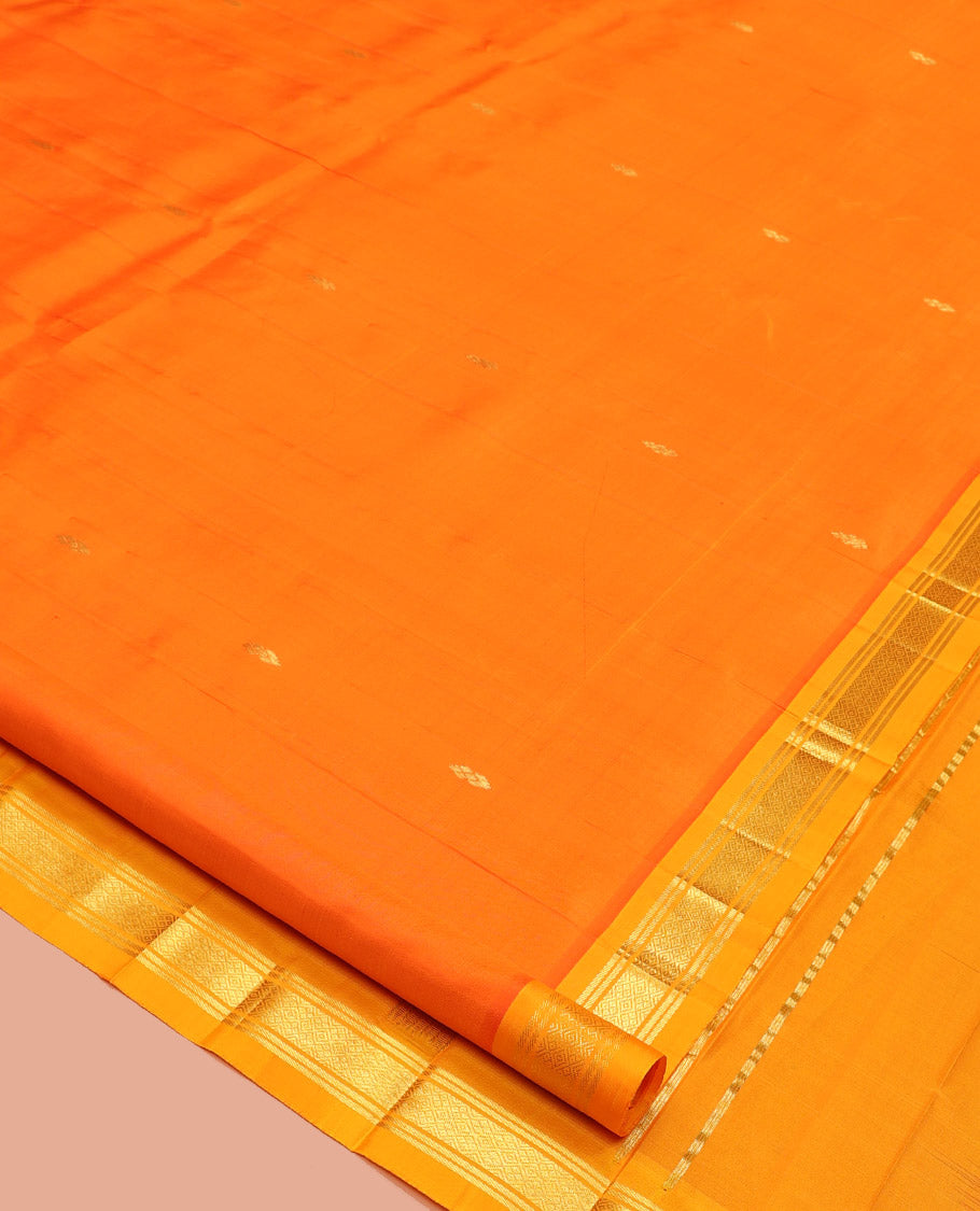 Orange Kanchipuram Silk Saree, Adorned with Zari Buttas, a Contrast One-Sided Border of Banaras, and Jaal Design, Zari-Woven Pallu, and No Blouse