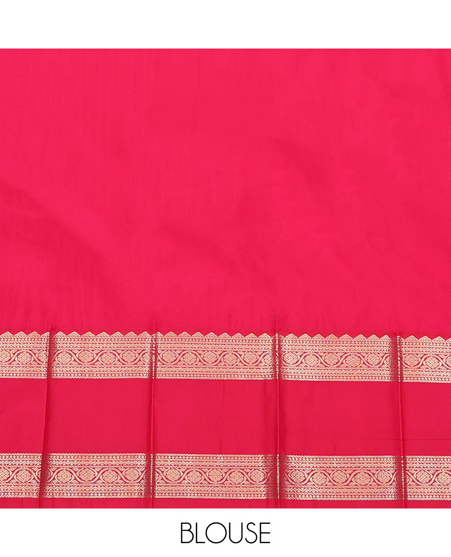 Violet Budget Silk Saree, Bedecked with Zari Buttas, Complemented by Contrast Traditional Zari Rettai Pettu Border, Jaal Pallu, and a Contrast Blouse