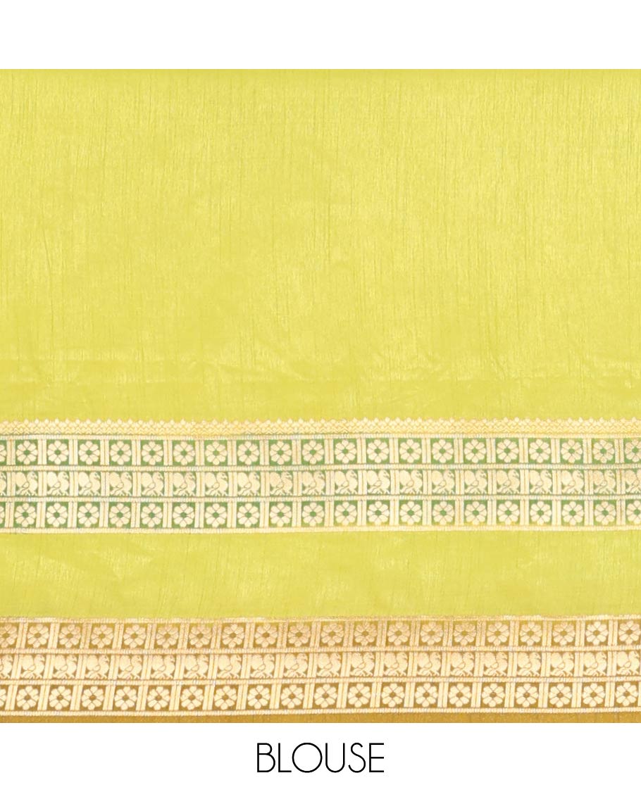 Parrot Green Fancy Raw Silk Saree, Subtly Woven with Buttas, Peacock-Flower Traditional Border, and a Matching Blouse