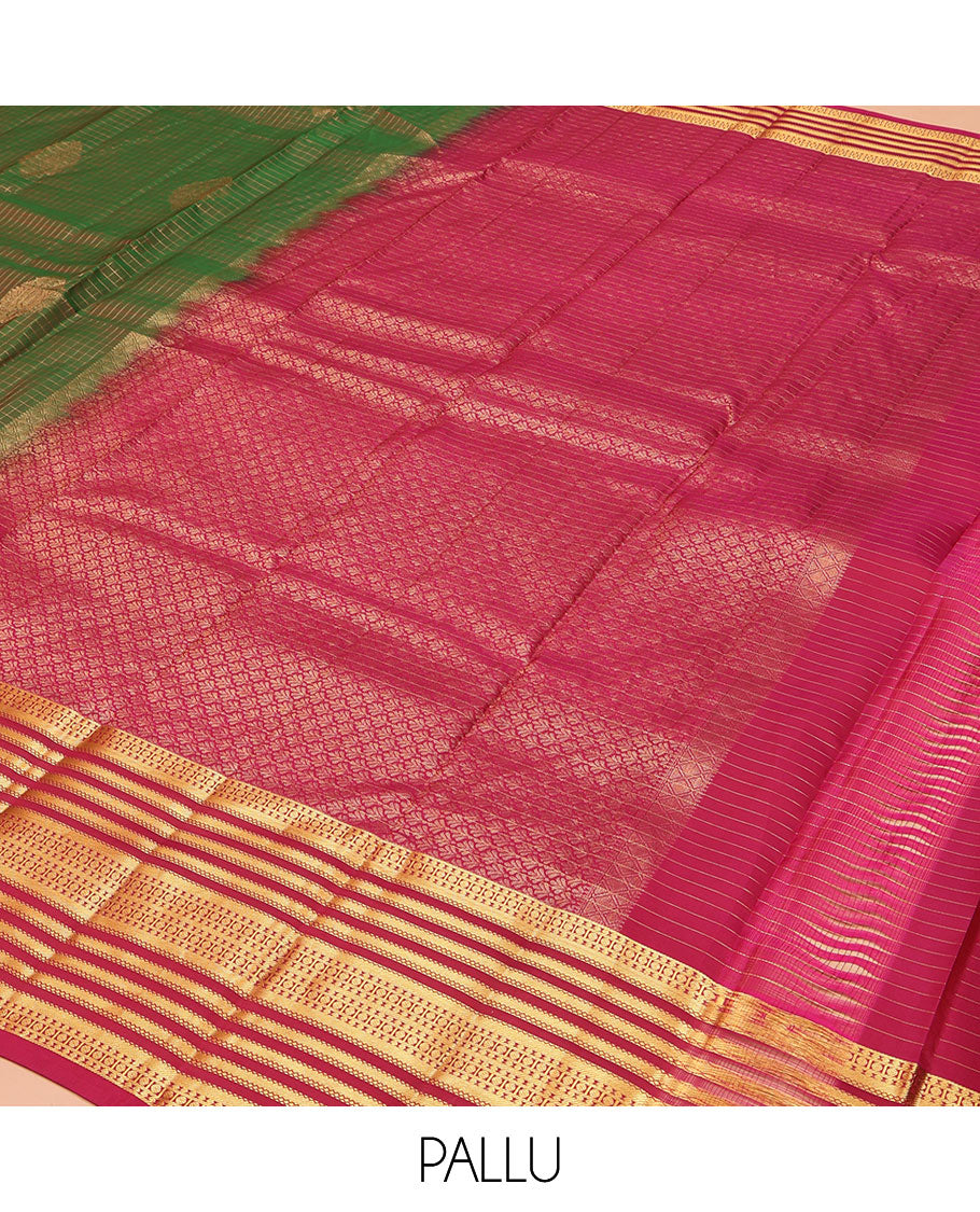 Green Vasundhara Lite Silk Mix Saree, Accentuated with Zari Buttas and Zari Checks on Its Body, Complemented by a Contrast Border of Poun, and Banaras Designs, Intricately Designed Pallu, and Paired with a Contrast Blouse