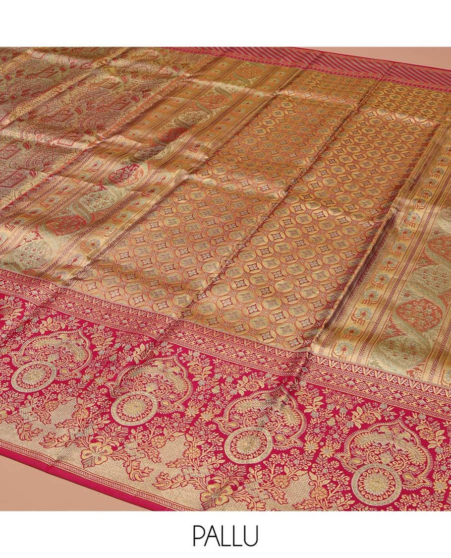 Grey Kanchipuram Tissue Silk Saree, Opulently Embellished with Jacquard Design On Its Body, Complemented by Contrast Mughal-style Intricately Woven Border, Grand Pallu and Paired with a Contrast Blouse