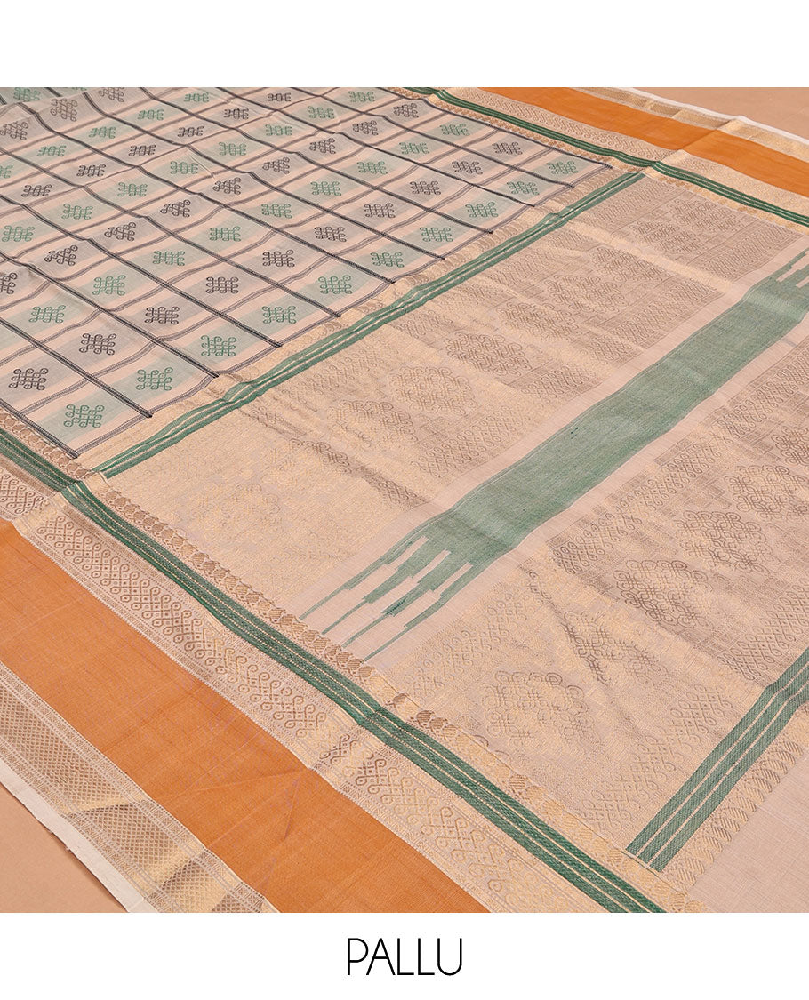 Cream Buttas Enclosed Checked Kuppadam Silk Saree, a Contrast Double-Pet Border, Grand Pallu, and a Matching Blouse