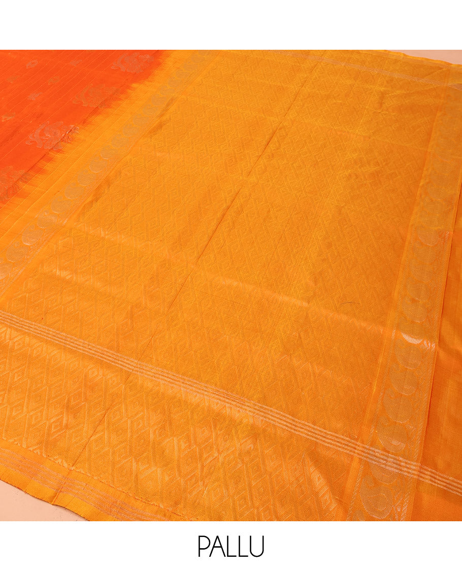 Orange Uppada Silk Saree Decked Up with Paisley and Peacock Buttas All Over Its Body, Complemented by Contrast Border of Peacock Designs, Sparsely Sparkled Pallu of Jaal Designs, and Paired with a Contrast Blouse