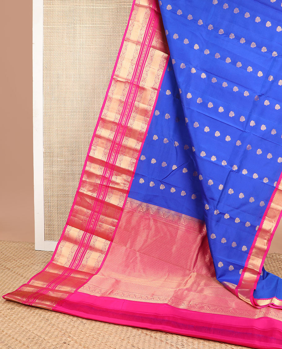 Blue floral buttas silk saree with contrast border of kodi visiry, banaras, paun design & striped floral design pallu