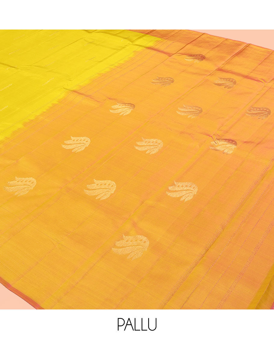 Yellow Kanchipuram Silk Saree, Woven with Zari Buttas, Complemented by a Contrast Thazampoo Rekku Border, Grand Floral Pallu, and Contrast Blouse