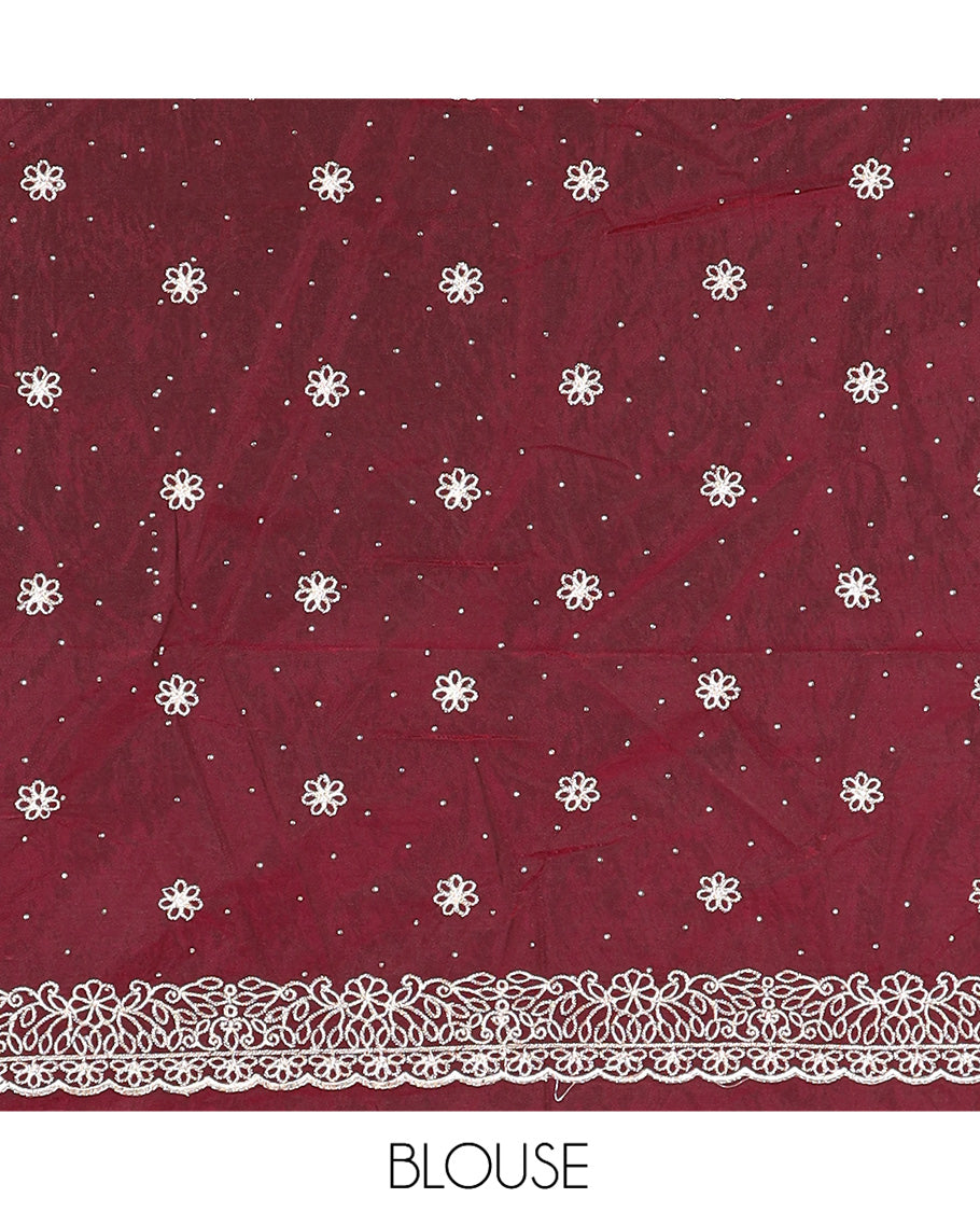 Maroon Velvet Organza Half-Saree with Glitter Work Skirt, Embroidered Border, a Matching Blouse, and Contrast Embroidered Dhavani