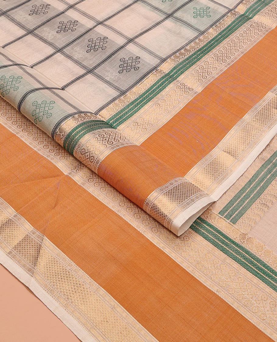 Cream Buttas Enclosed Checked Kuppadam Silk Saree, a Contrast Double-Pet Border, Grand Pallu, and a Matching Blouse
