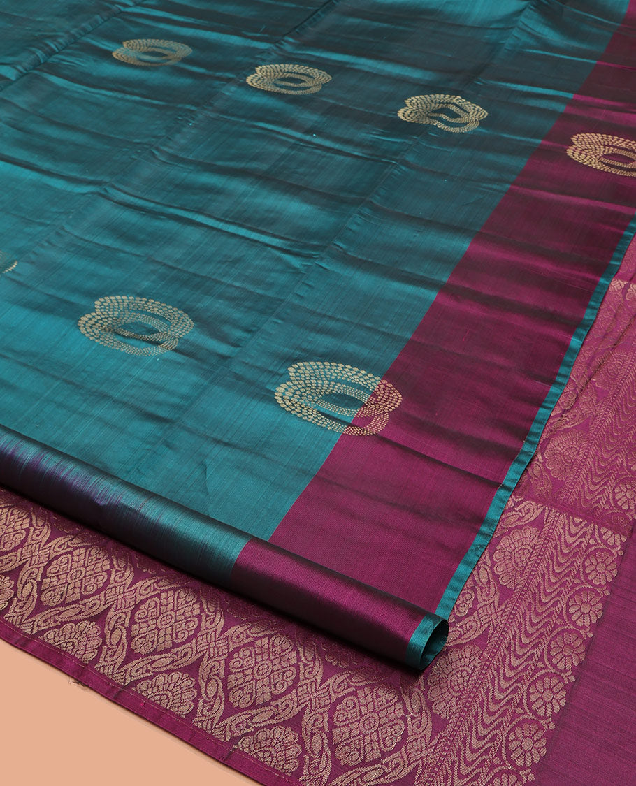 Blue Uppada Silk Saree, Styled with Zari Buttas, a Contrast Zari Buttas Border, Intricate Pallu, and a Contrast Blouse