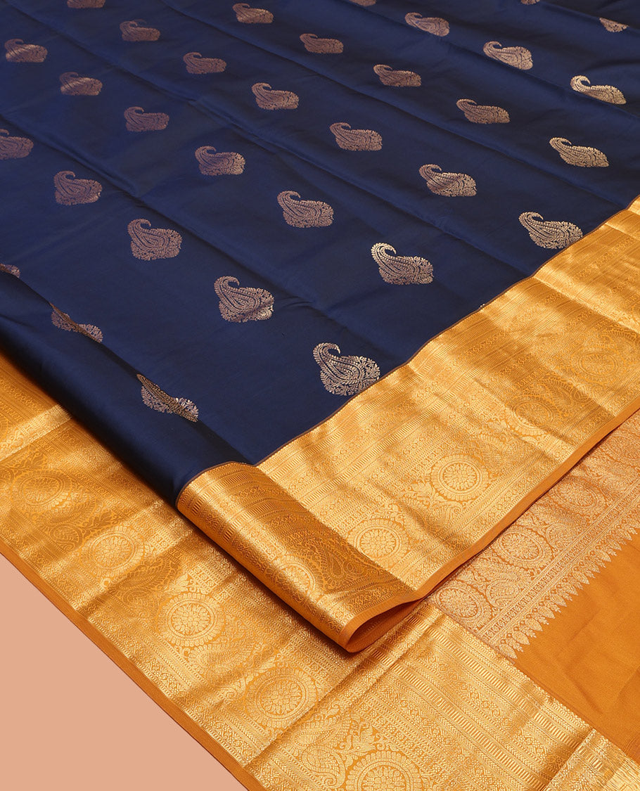 Blue Vasundhara Lite-Silk Mix Saree, Adorned with Manga Zari Buttas, Complemented by a Contrast Traditional Zari Border, Grand Pallu, and a Contrast Blouse
