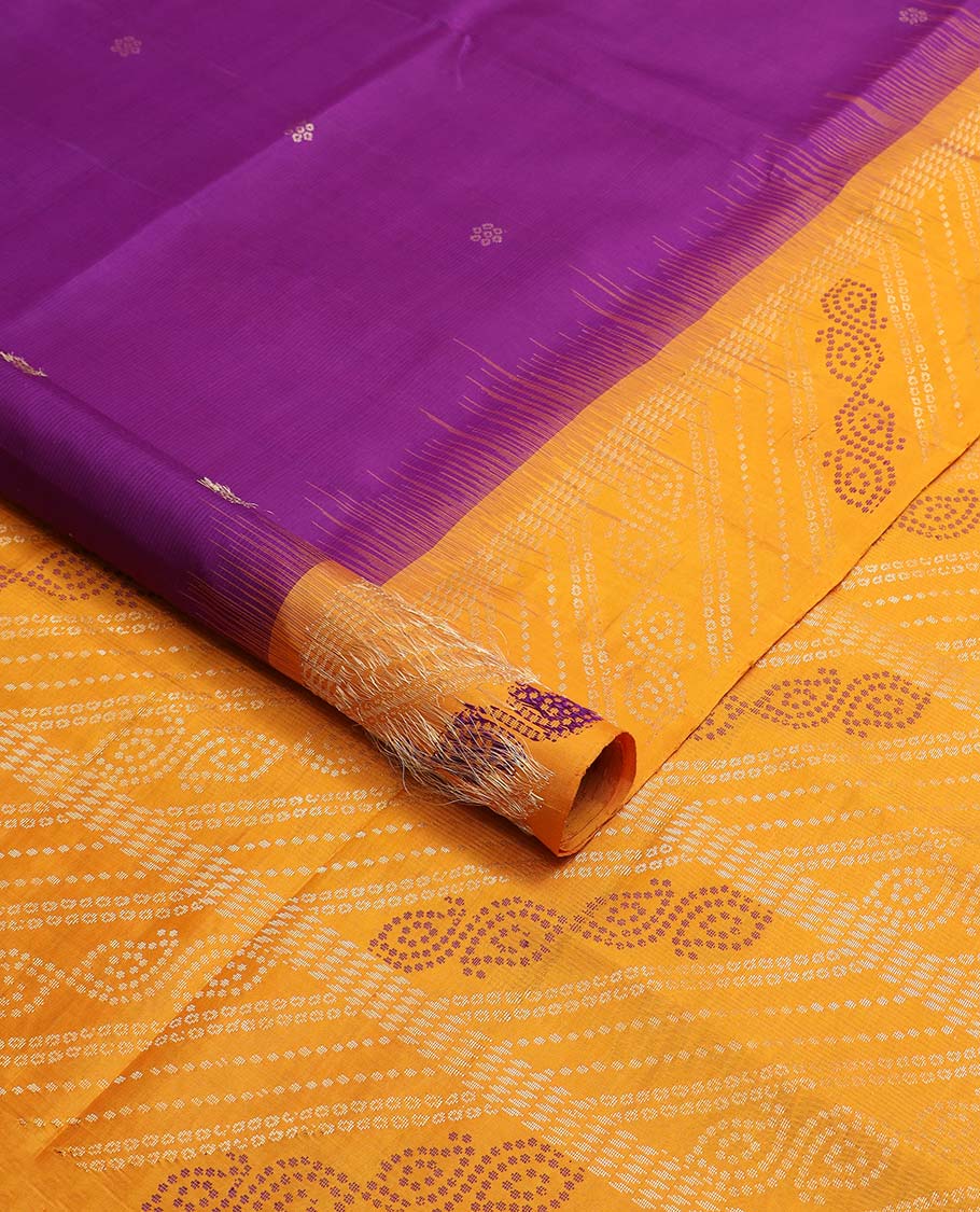 Purple flower motifs mayuri soft silk saree with contrast zari design border & bandhani floral design pallu