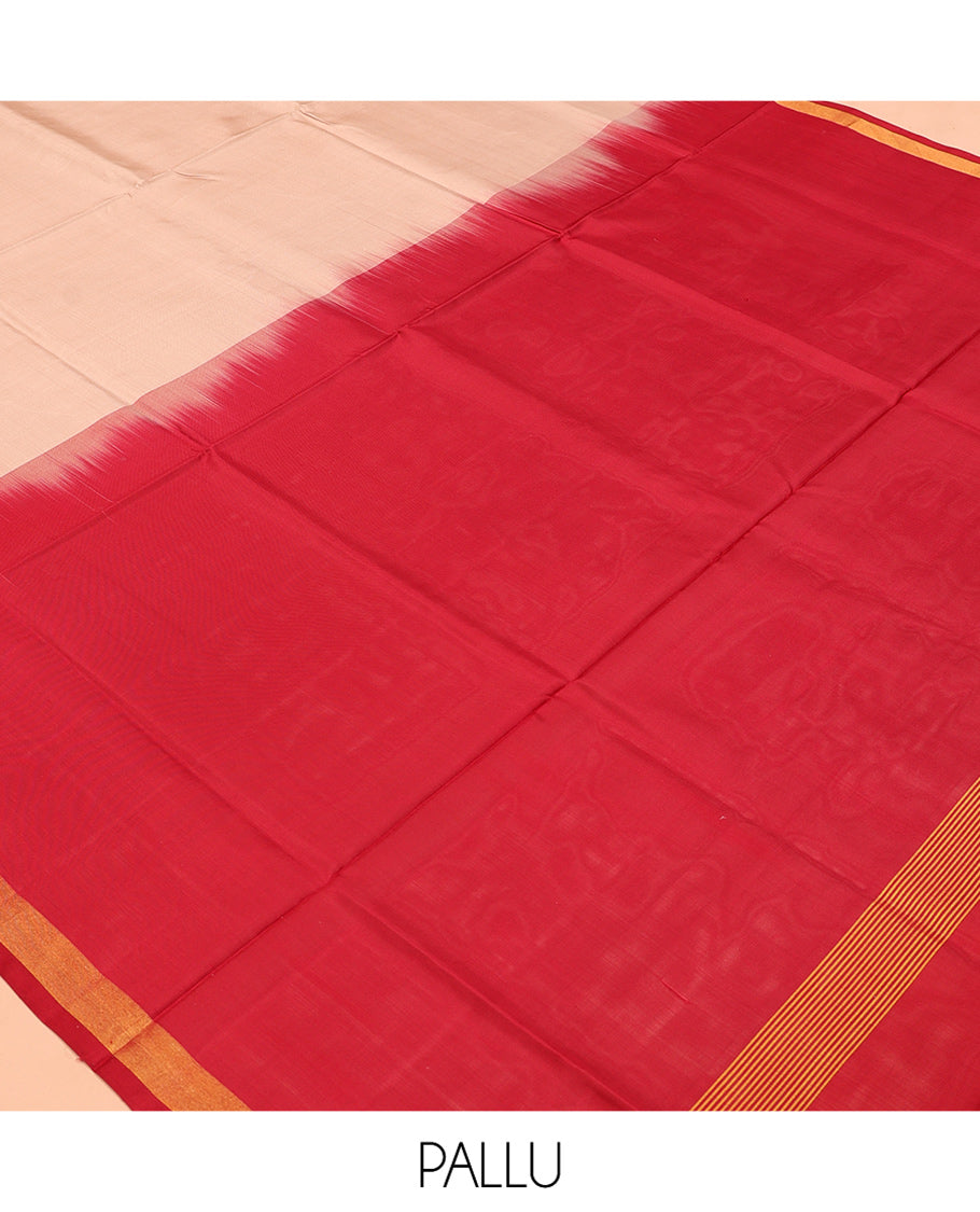 Peach Plain Uppada Silk Saree, Complemented by Contrast Bavanji Border, Plain Pallu and Contrast Blouse