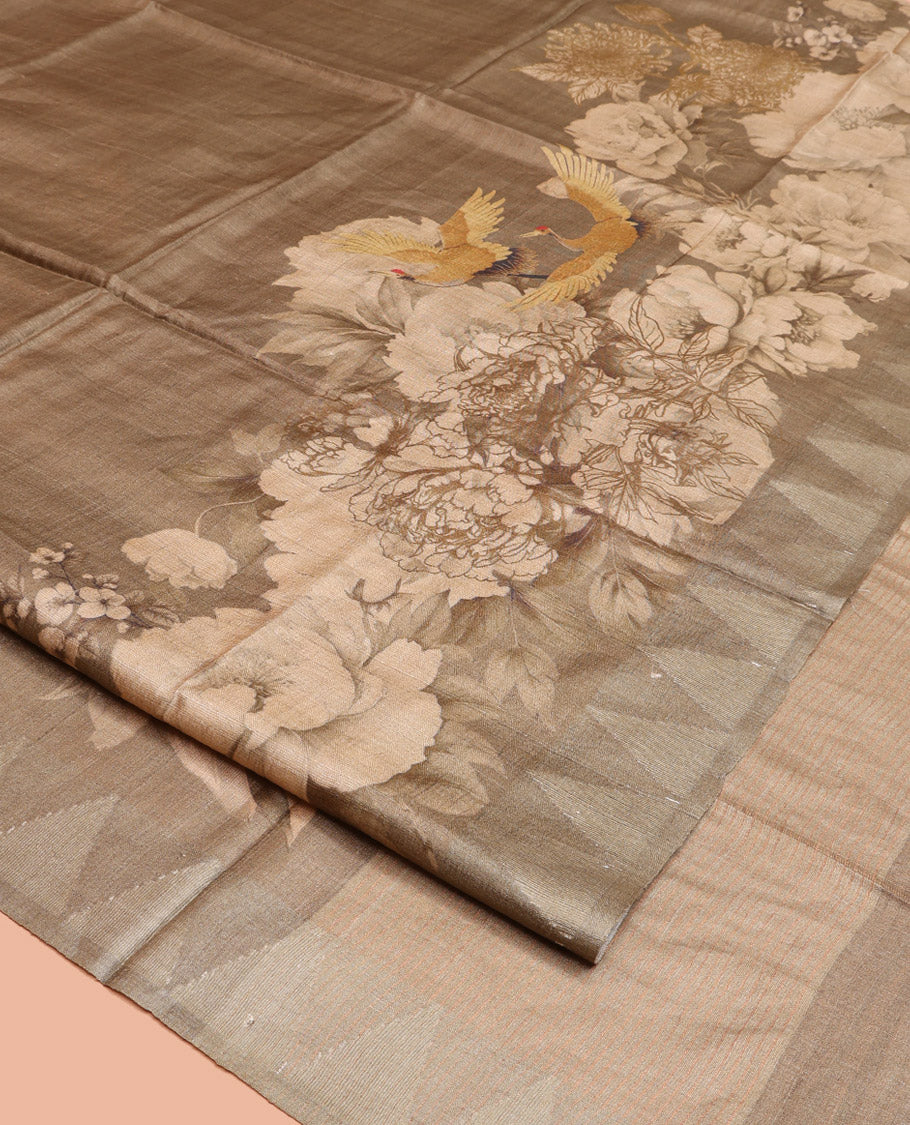 Pale Brown Tussar Silk Saree, Embellished with Floral and Bird Print on Its Body, a Temple Border, Striped Pallu, and Paired with a Matching Blouse