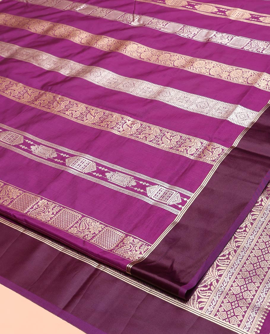 Purple Dupion Silk Saree, Richly Features Vertically Woven Traditional Patterns in Zari, Complemented by Contrast Zari Satin Border, Rich Pallu, and Paired with a Matching Blouse