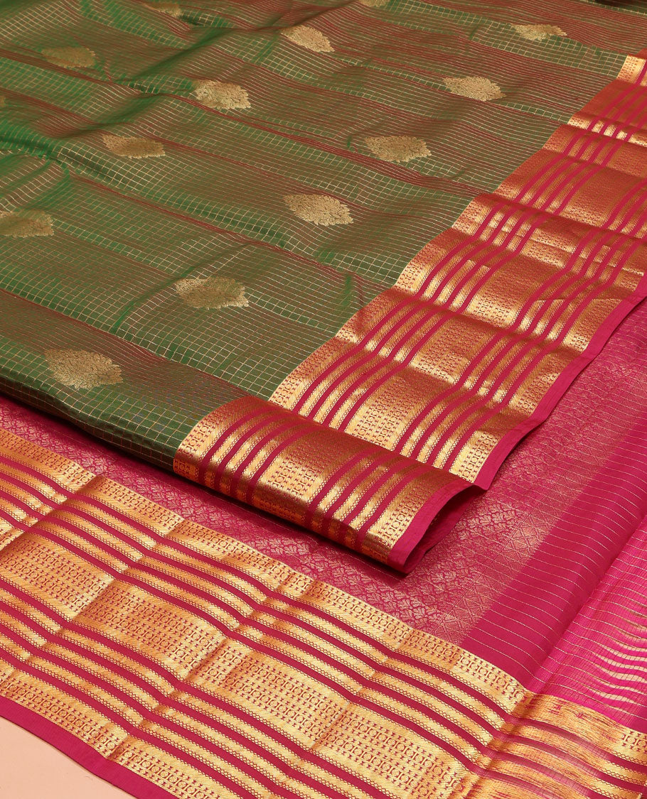 Green Vasundhara Lite Silk Mix Saree, Accentuated with Zari Buttas and Zari Checks on Its Body, Complemented by a Contrast Border of Poun, and Banaras Designs, Intricately Designed Pallu, and Paired with a Contrast Blouse