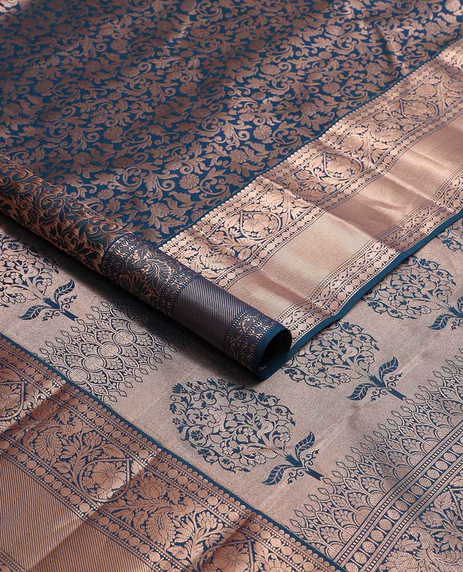 Blue floral jacquard kancheepuram silk saree with self border of muthu, banaras, paun design & zari design pallu