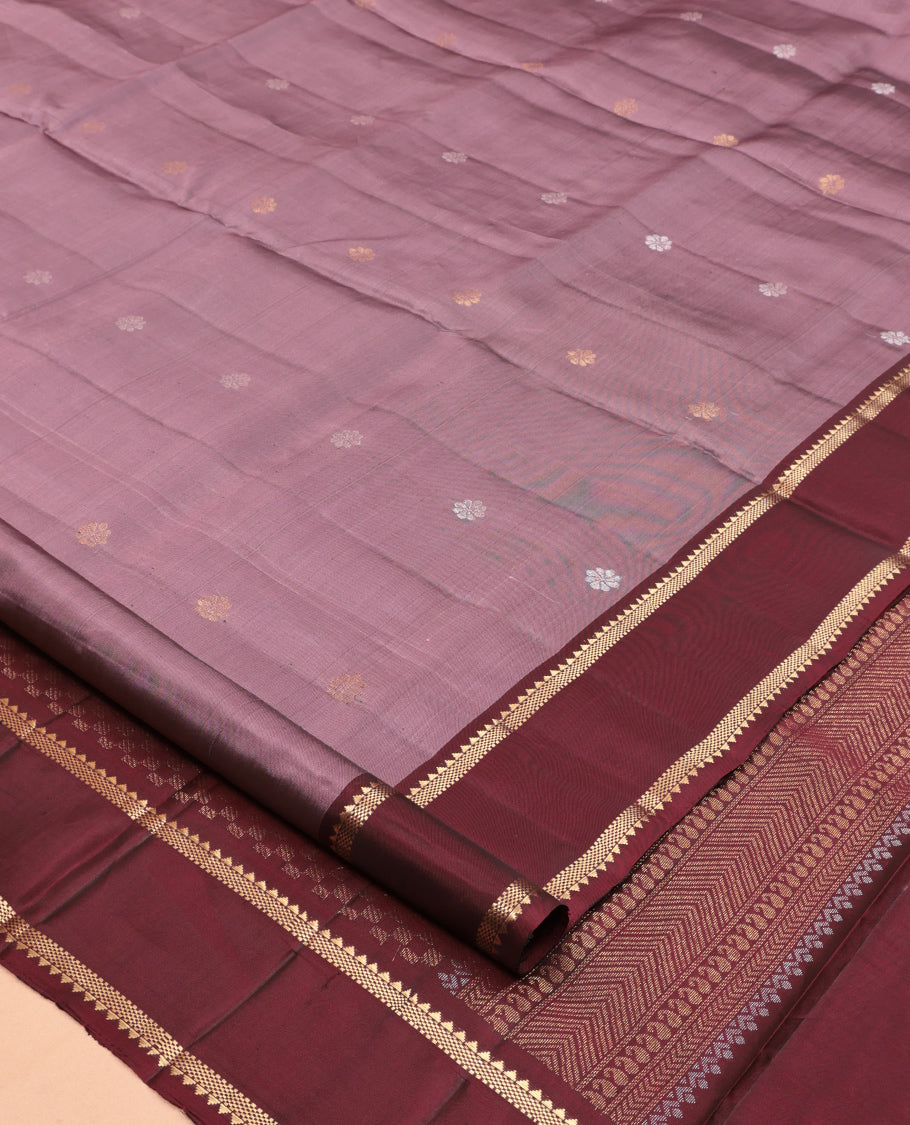 Dark Onion Pink Mayuri Lite Silk Mix Saree, Highlighted by Zari Buttas, Complemented By Contrast Rettai Pettu Zari Border, a Grand Pallu, and a Contrast Blouse