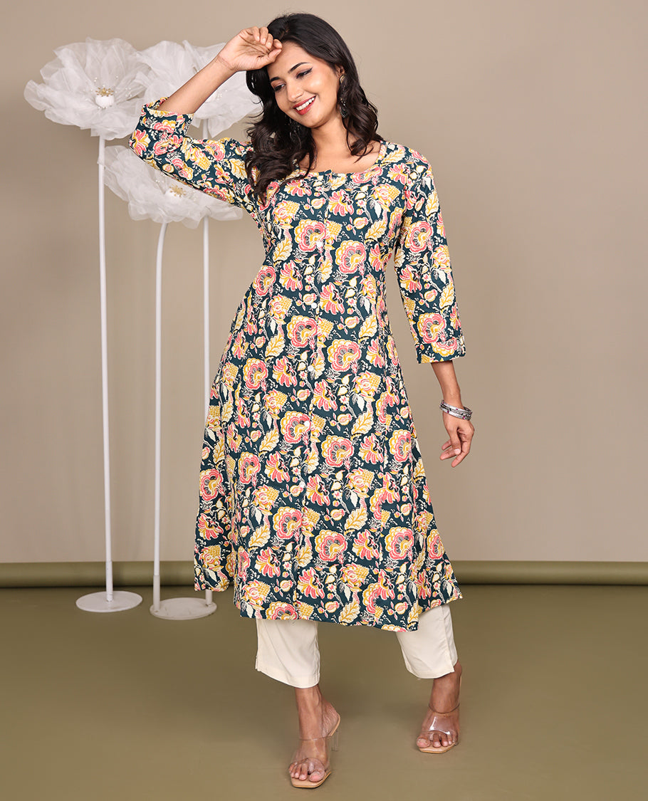 Multi-Color Floral Printed Below-Knee-Length Cotton Kurti, Featuring a Round Neckline, 3/4 Sleeves, and A-Line Cut