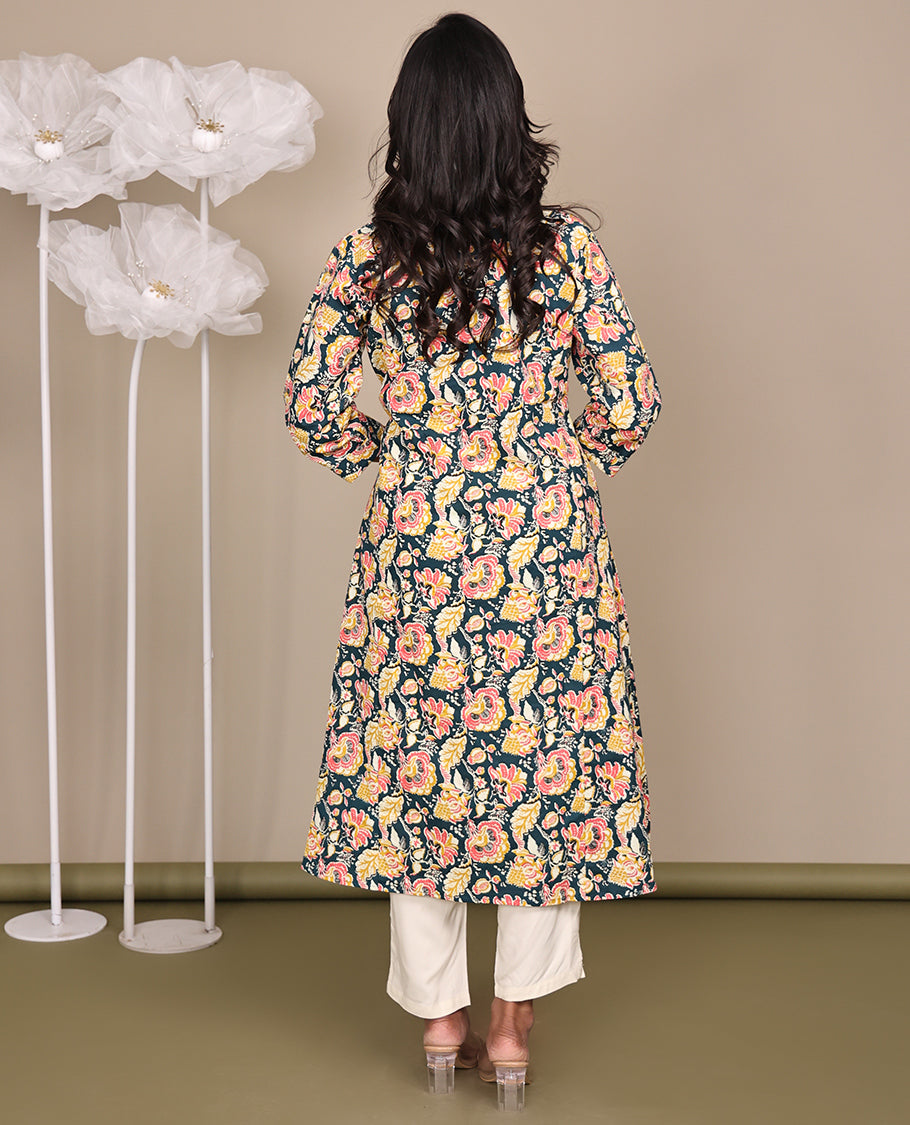 Multi-Color Floral Printed Below-Knee-Length Cotton Kurti, Featuring a Round Neckline, 3/4 Sleeves, and A-Line Cut