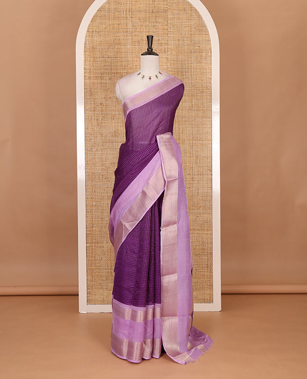 Violet Checked saree with contrast zari border and contrast striped pallu along with contrast blouse