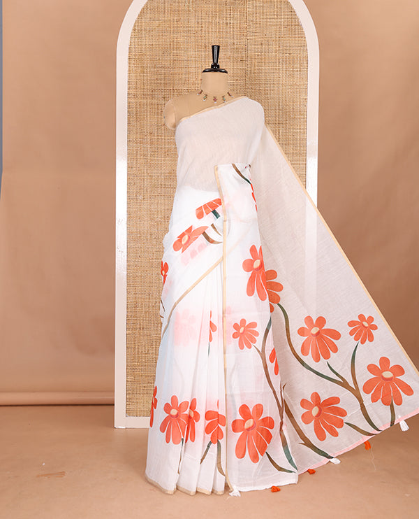 Borderless white floral design chanderi cotton saree , floral vine printed pallu and small floral printed blouse