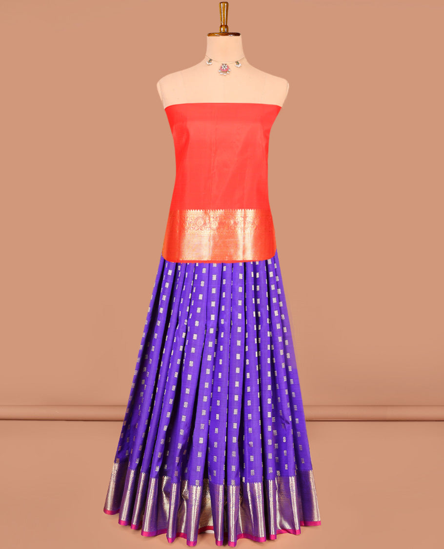 Dark Violet Pure Silk Half-Saree Beautified with Zari Buttas on Its Skirt, Complemented by a Zari Border Featuring Thilakam Mokku, Rettai Nelli, and Mayil Kann Designs, Comes with a Contrast Blouse and a Dhavani of Butta Enclosed Jaal Designs