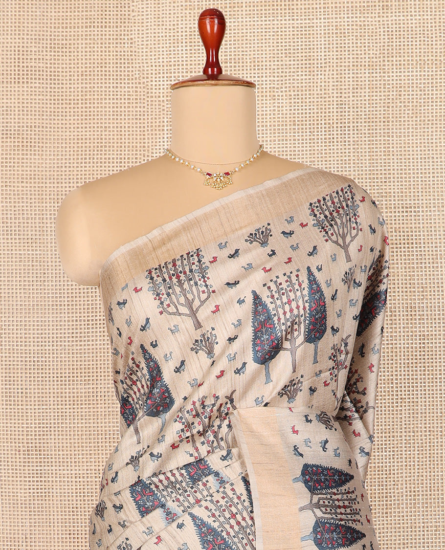Light sandal bird and floral motifs printed tussar silk saree, bavanji border, and double-color plain pallu