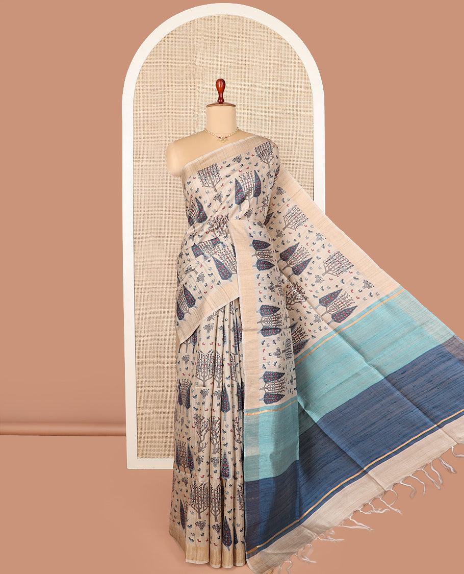 Light sandal bird and floral motifs printed tussar silk saree, bavanji border, and double-color plain pallu