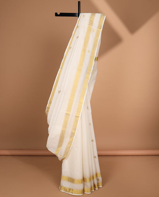 White triangle motifs kasavu saree  with self rettai pettu zari border & striped, triangle design pallu