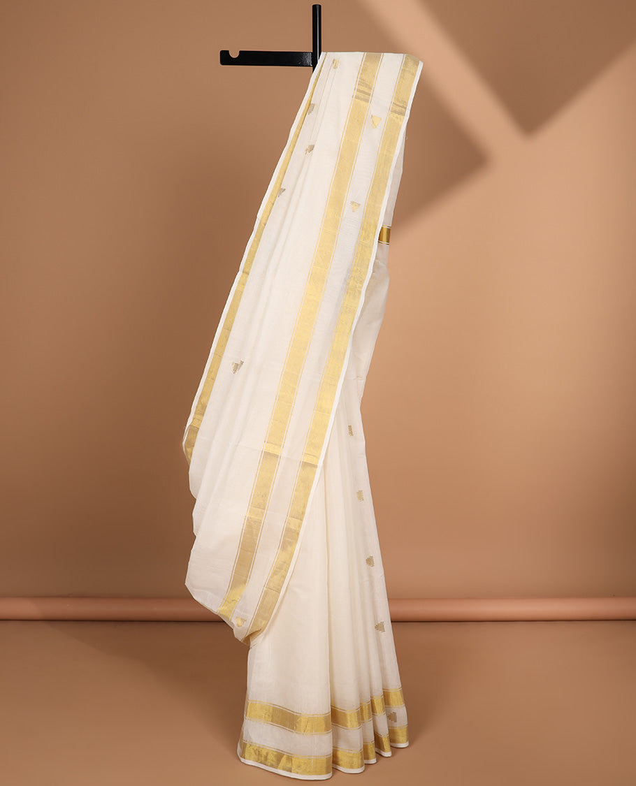 White triangle motifs kasavu saree with self rettai pettu zari border & striped, triangle design pallu