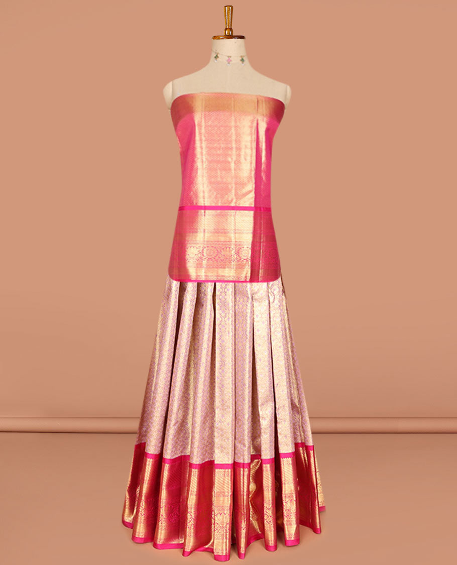 Pink pure-silk half saree, jacquard skirt, contrast border & blouse of rekku,muthu,rettai neli,stripes & kamlam motifs & intricate dhavani