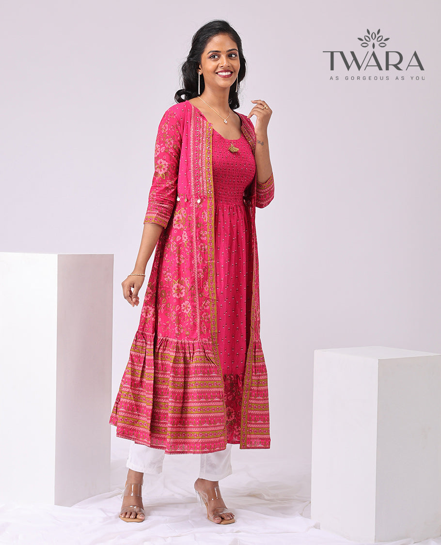 Twara Pink floral motifs, round neck knee lenght, 3/4 sleeve with floral printed over coat kurti