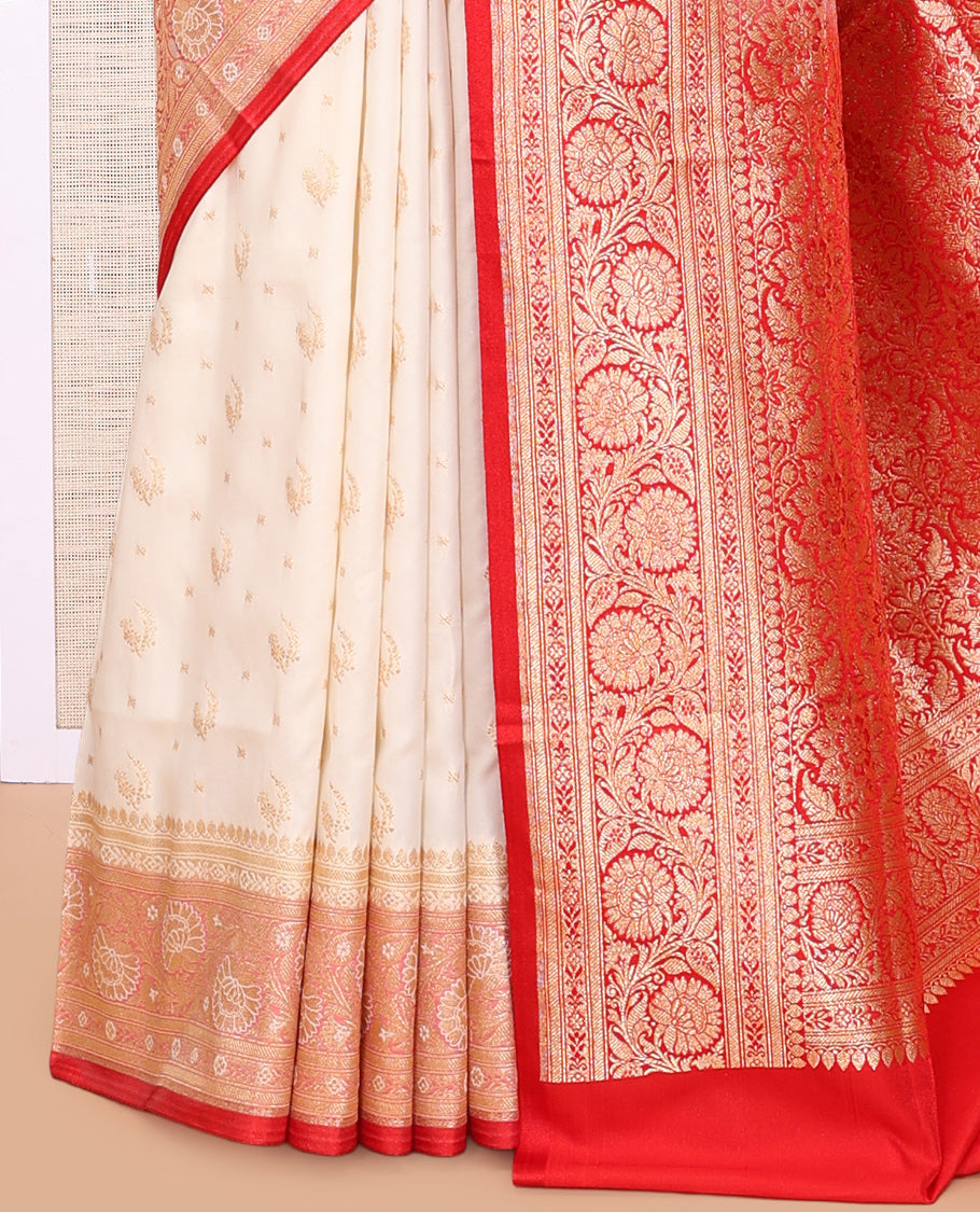 Cream Semi-Banaras Satin Silk Saree