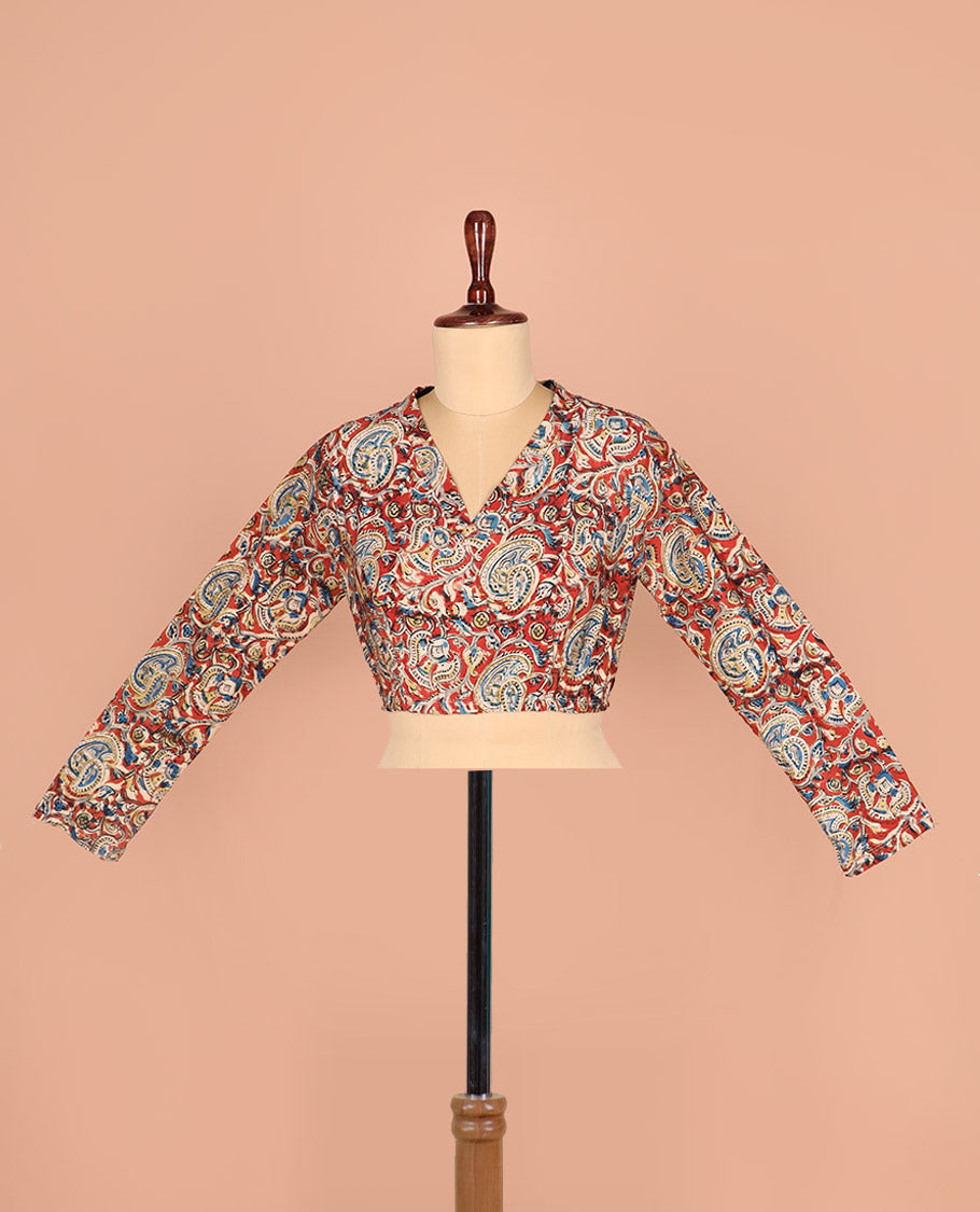 Red-base Readymade Blouse Elegantly Printed with Floral-Paisley Vine, Featuring a Front V-Neck, a Back Closed Neck, and Full Sleeves