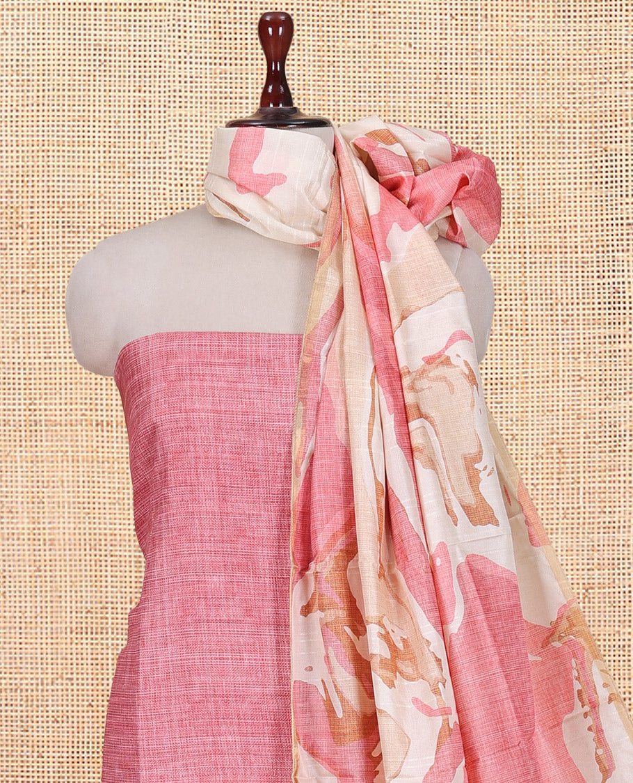 Peach Semi-Bhagalpur Cotton Material Churidar Features Plain Top, a Santoon Bottom, and Contrast Abstract Printed Dupatta