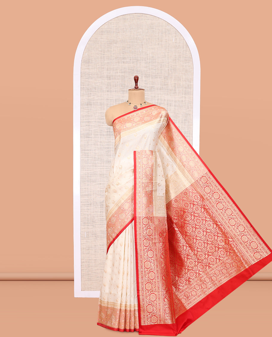 Cream Semi-Banaras Satin Silk Saree