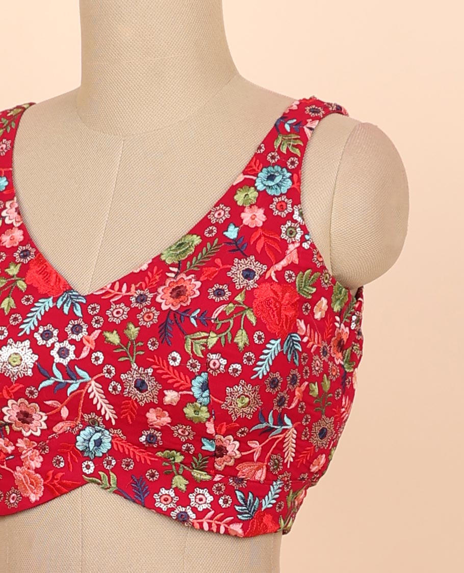 Red floral embroidery front & back deep v-neck raw-silk readymade sleeveless blouse