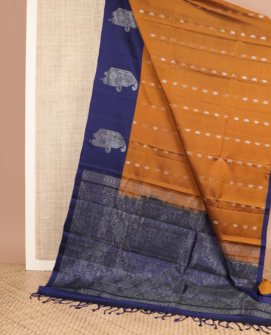 Orange manga zari buttas silk mix saree, contrast unique manga butta border & pallu of jaal designs