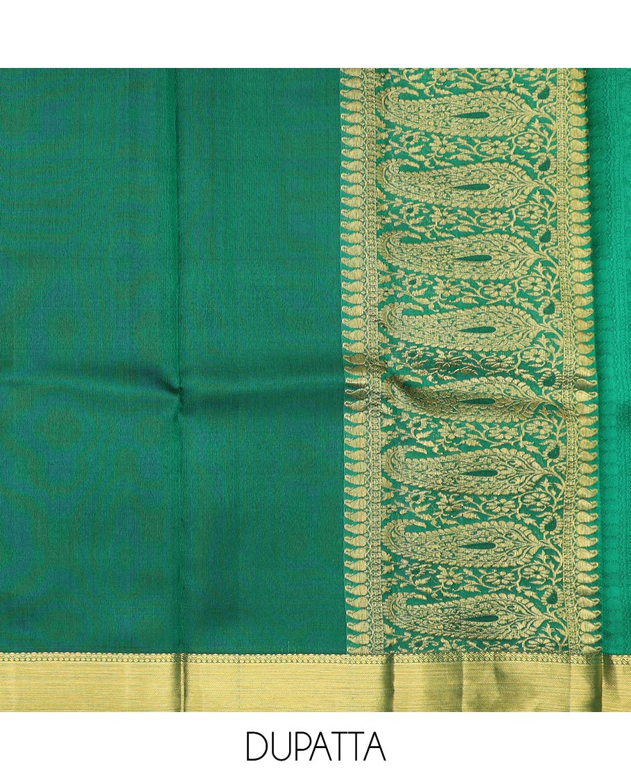 Yellow pure-silk half-saree with buttas, checks, and embossed design skirt, contrast traditional kanchi border, contrast zari design blouse, and a manga motifs woven dhavani