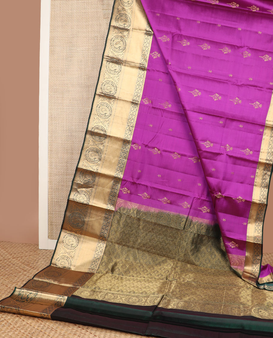 Pink zari buttas vasundhara silk mix saree, contrast intricate pallu & border of floral & paisley designs