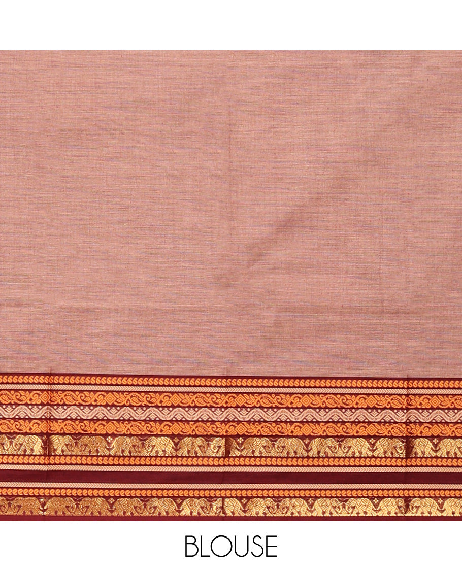 Brown Chettinad Cotton Saree, Subtly Sparkled with Buttas All Over Its Body, Complemented by a Contrast Traditional Zari Design Border, Pallu of Stripes and Buttas, and Paired with a Matching Blouse