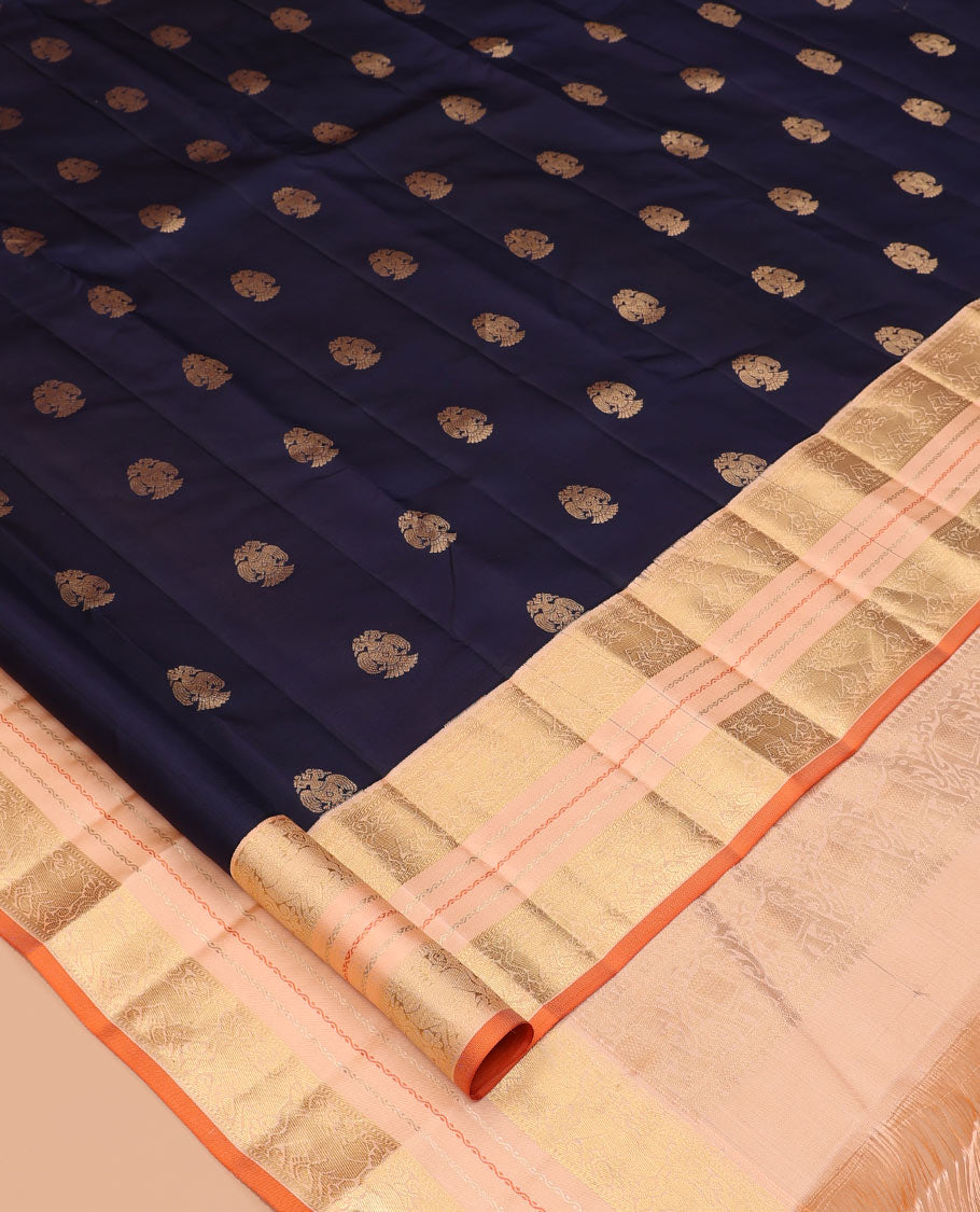 Blue Vasundhara Silk Saree, Woven with Iruthalai Pakshi Buttas, a Contrast Border of Yaali Designs, a Subtly Sparkled Jaal Pallu, and a Contrast Blouse