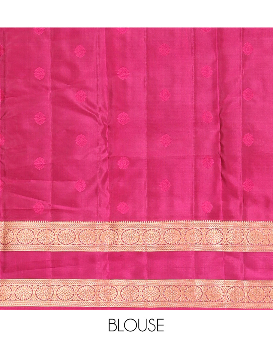 Yellow Vasundhara Lite Silk Mix Saree, Embellished with Chakram Buttas, a Contrast Rettai Pettu Border of Rekku, Neli, and Chakram Designs, Traditional Pallu, and a Contrast Blouse