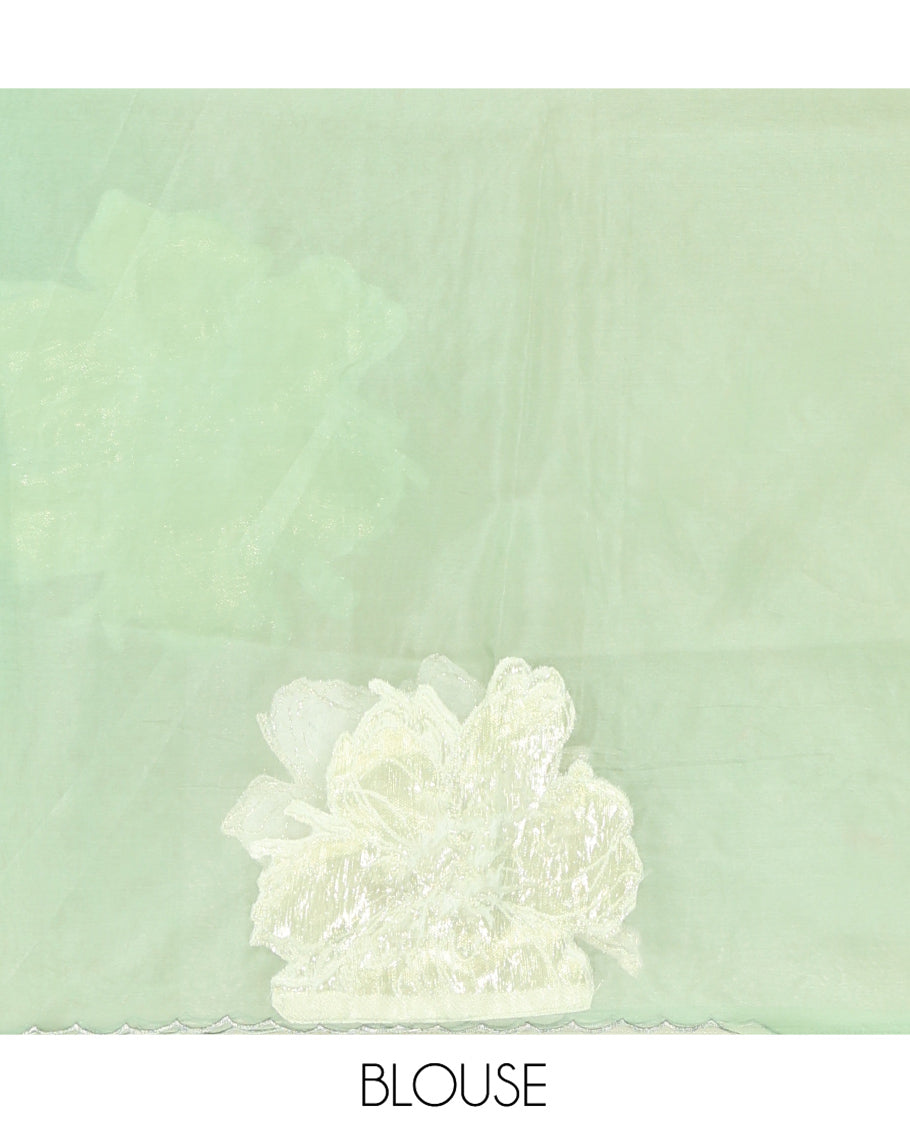 Green Organza Saree, Gracefully Embellished with Floral Gold-Foil Embroidery, a Scallop Border, and a Matching Blouse