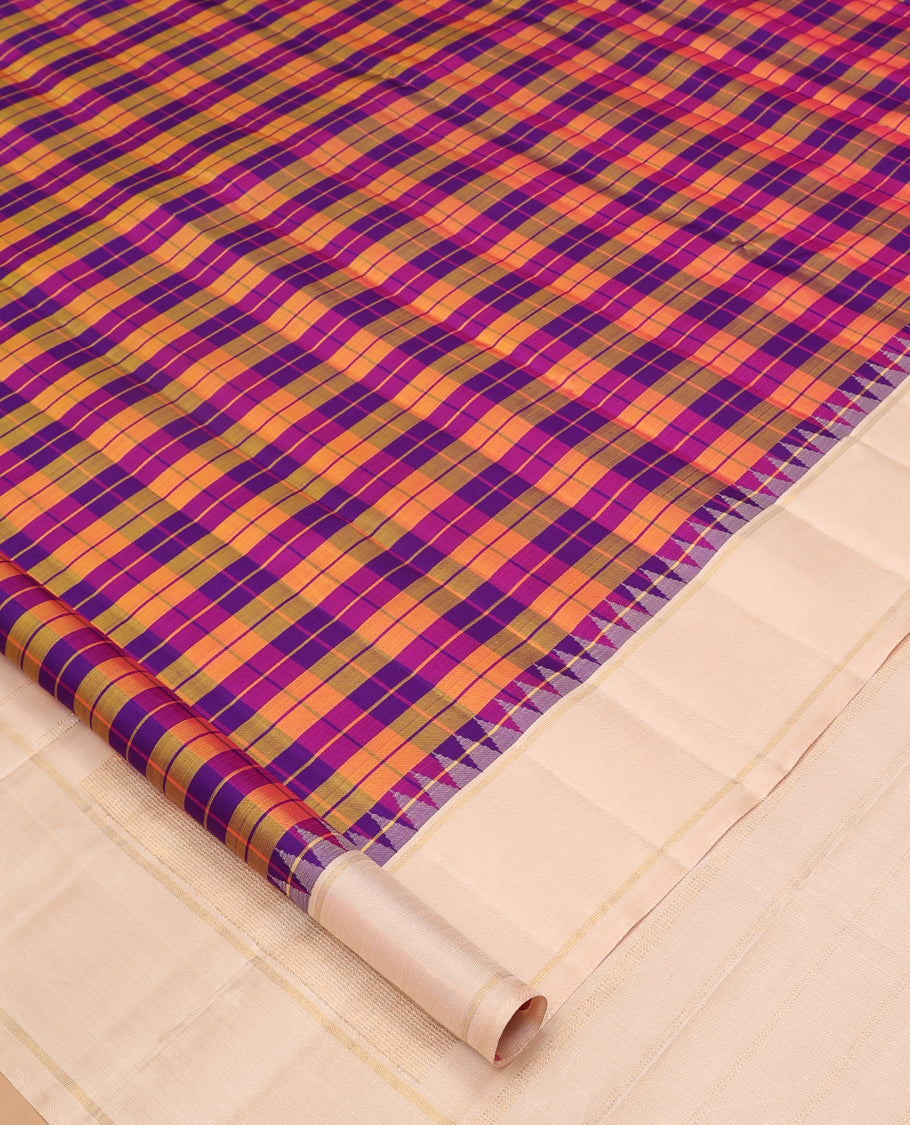 Multi-Color Checked Kanchipuram Silk Saree, Complemented by a Contrast Bodi Thazampoo Rekku Border, Zari Striped Pallu, and a Contrast Blouse