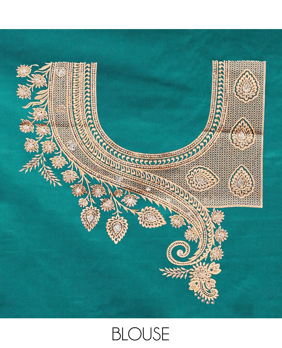 Green Banarasi Satin Saree, Embellished with Floral Jaal Jacquard, a Floral Creeper Border, Intricate Stonework Pallu, and a Matching Blouse