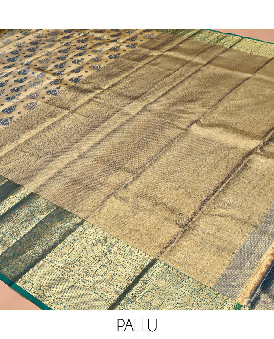 Gold Kanchipuram Tissue Silk Saree, Gracefully Embellished with Jacquard, Contrast Border of Thilakam Mokku, Muthu, Kodi Visiry, Manga, and Mayil Kann, Grand Pallu, and Matching Blouse