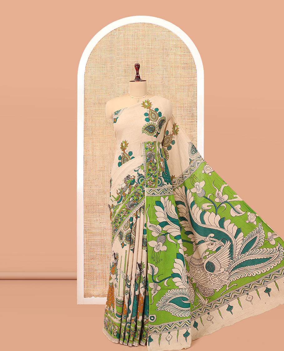 Sandal Kalamkari Cotton Saree, Accentuated with Ancient Human Motif Print, Contrast Printed Border, Kalamkari Peacock Motifs Pallu, and a Matching Blouse